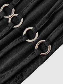 ROMWE Grunge Punk Punk Metal Buckle Design Hollow Out Lace Crop Top, Sexy & Tight Fitting - Black - View 3