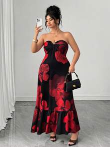 SHEIN Clasi Gaun Tanpa Lengan Elegan Motif Bunga dengan Pinggang Berkerut untuk Wanita Ukuran Plus, Cocok untuk Pesta, Liburan, dan Jalan-jalan Musim Panas Warna Hitam - Merah - View 4
