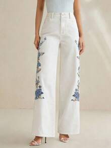 Anewsta Women's Spring Elegant Party & Vacation Straight Fit Floral Embroidered Denim Jeans - White - View 3