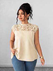 Elenzga Plus Size Women's Peach Summer Elegant Office Lace Patchwork T-Shirt,Round Neck Flare Cap Sleeve Blouse,Slim Fit Fashion Versatile Top For Outing - Apricot - View 5