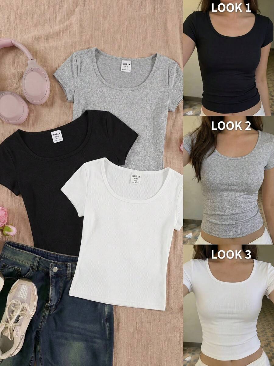 SHEIN 2 件套 Tween 女童方领短袖 T 恤 - 黑與白 - 查看 1