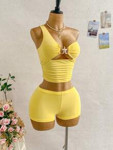 Soleia Conjunto de dos piezas de punto elástico ajustado con decoración de hebilla metálica, estilo Y2K, sexy y casual, para vacaciones de verano. Adecuado para varias ocasiones y atuendos, incluyendo vacaciones, fiestas, citas, carnavales, tardes de té, playas, cruceros, viajes a la ciudad y festivales de música. - Amarillo - Ver 8