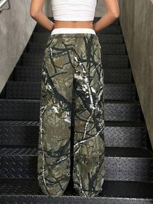 SHEIN Quần jeans ống rộng kẻ sọc xanh trắng dáng suông thời thượng Y2K dành cho nữ tuổi teen, với cạp quần tương phản và thiết kế 2 trong 1. - Nhiều màu - Xem 4