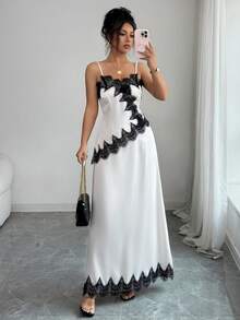 Selianne Conjunto de Saia Minimalista Estilo A-Line com Recortes de Renda Sem Mangas, Adequado para Encontros, Reuniões, Aniversários, Primavera/Verão - Damasco - Visão 5