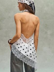 Bohemela Women's Summer Casual Boho White With Black Polka Dots Polka Dot Contrast Lace Trim Asymmetric Hem Stand Collar Sleeveless Tank Top Vacation - White - View 3