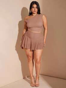 SHEIN BAE Set de 2 piezas para mujer de talla grande con top asimétrico con cuello verde oliva y volantes, y falda ajustada con volantes, conjunto para vacaciones - Rosa vieja - Ver 1