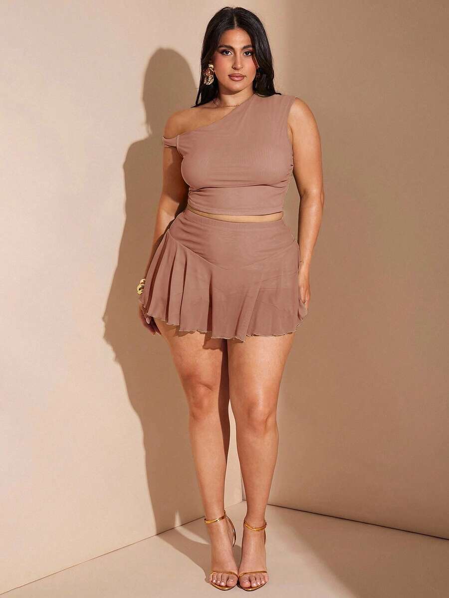 SHEIN BAE Set de 2 piezas para mujer de talla grande con top asimétrico con cuello verde oliva y volantes, y falda ajustada con volantes, conjunto para vacaciones - Rosa vieja - Ver 1