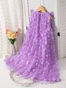 SHEIN Elladie kids 优雅时尚荷叶边珍珠装饰网纱女童连衣裙 - 紫色 - 查看 3