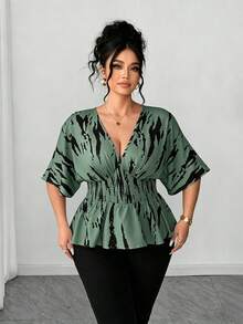 SHEIN Elenzya 大码女式V领插肩袖休闲衬衫，适合外出、聚会和通勤。 - 綠色 - 查看 4
