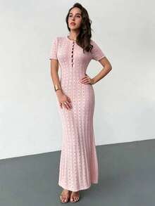 SHEIN Raffinéa Casual Fitted Round Neck Short Sleeve Knitted Half-Placket Button Design Hollow Knitted Fishtail Hem Apricot Color Women Spring/Summer Sweater Dress Ladies Dresses - Baby Pink - View 3