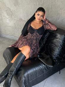 复古性感腰部收紧长袖豹纹网眼撞色蕾丝露背迷你连衣裙，街头风格，秋冬 - 彩色 - 查看 6