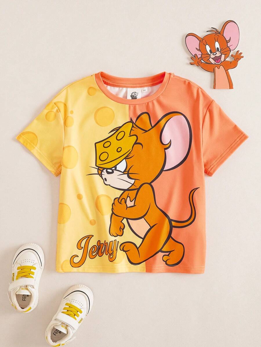 TOM & JERRY X SHEIN 小女孩可爱卡通印花圆领短袖T恤 - 黃色 - 查看 1