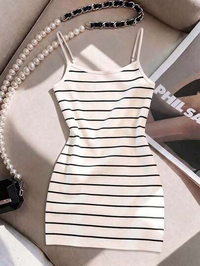 Everyssa Vestido de mujer, Vestido elegante de mujer, Vestido de mujer a rayas de color block, Vestido nuevo de primavera/verano para mujer, Conjunto de verano para mujer, Vestido súper corto de mujer, Vestido de mujer con tirantes finos, Vestido mini ajustado de mujer, Vestido súper corto ajustable de tirantes finos de mujer, Vestido casual versátil de moda diario y para el hogar de mujer