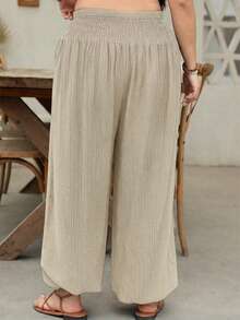 EMERY ROSE Plus Size Women Solid Color Pleated Casual Versatile Daily Wear Pants Fall - Khaki - View 2