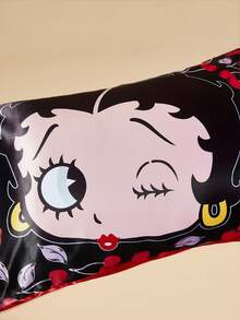 Betty Boop x SHEIN 两件套枕套，塔夫绸面料，舒适凉爽，樱桃卡通图案黑色枕套，光滑抗皱，呵护头发和肌肤，樱桃图案，礼品之选，派对，节日，情人节 - 彩色 - 查看 6
