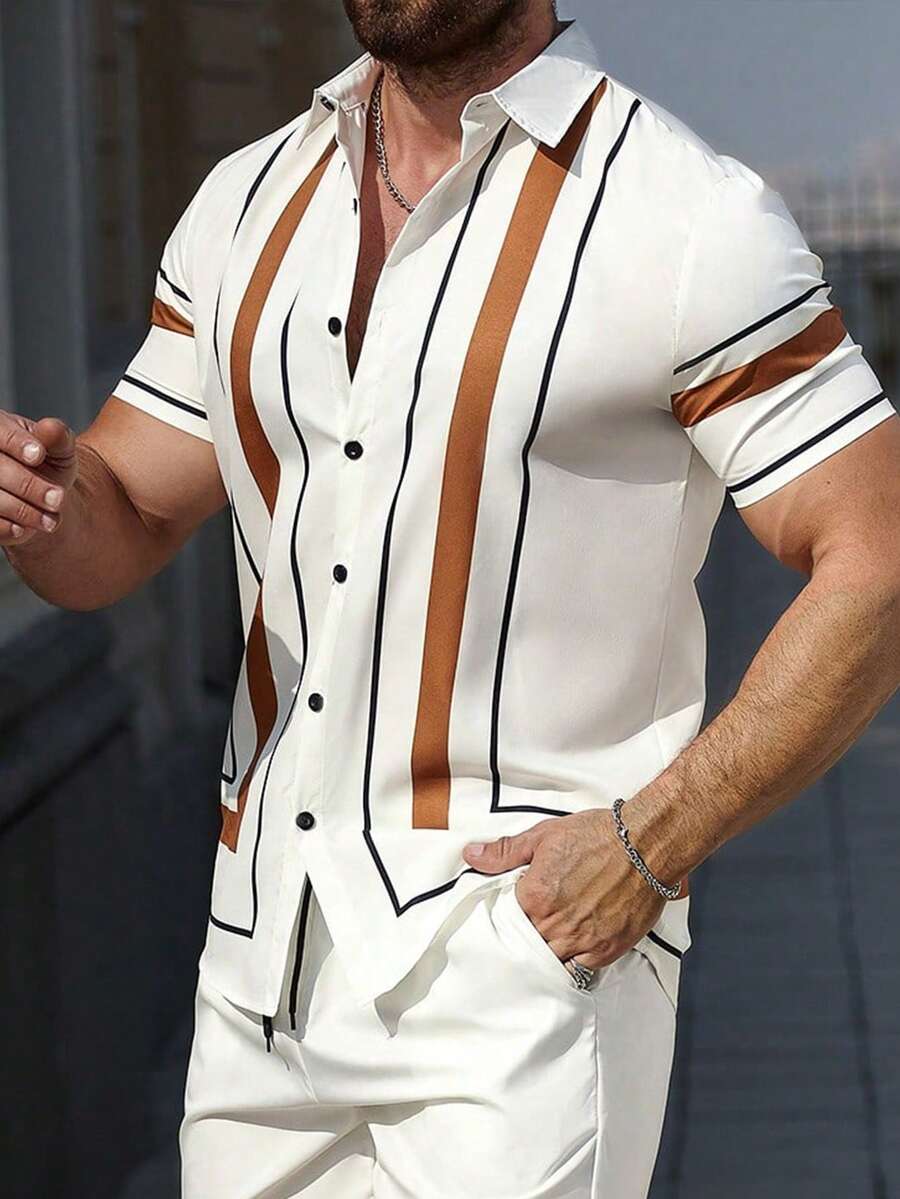 Manfinity Homme 男式拼色竖条纹短袖纽扣衬衫，夏季 - 彩色 - 查看 1