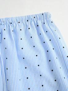 Elamini Trang phục mùa hè mới dành cho nữ, quần ống rộng dáng suông màu xanh chấm bi thời trang retro, cạp chun co giãn giúp thon gọn vóc dáng, kiểu dáng thoải mái, đa năng, phù hợp ở nhà, ngoài trời, công sở và đi học. - Màu xanh lam - Xem 6