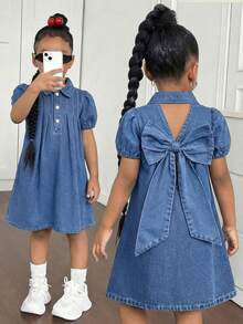 Đầm denim xanh tay phồng cho bé gái với thiết kế bướm 3D ở lưng. - Rửa nhẹ - Xem 1