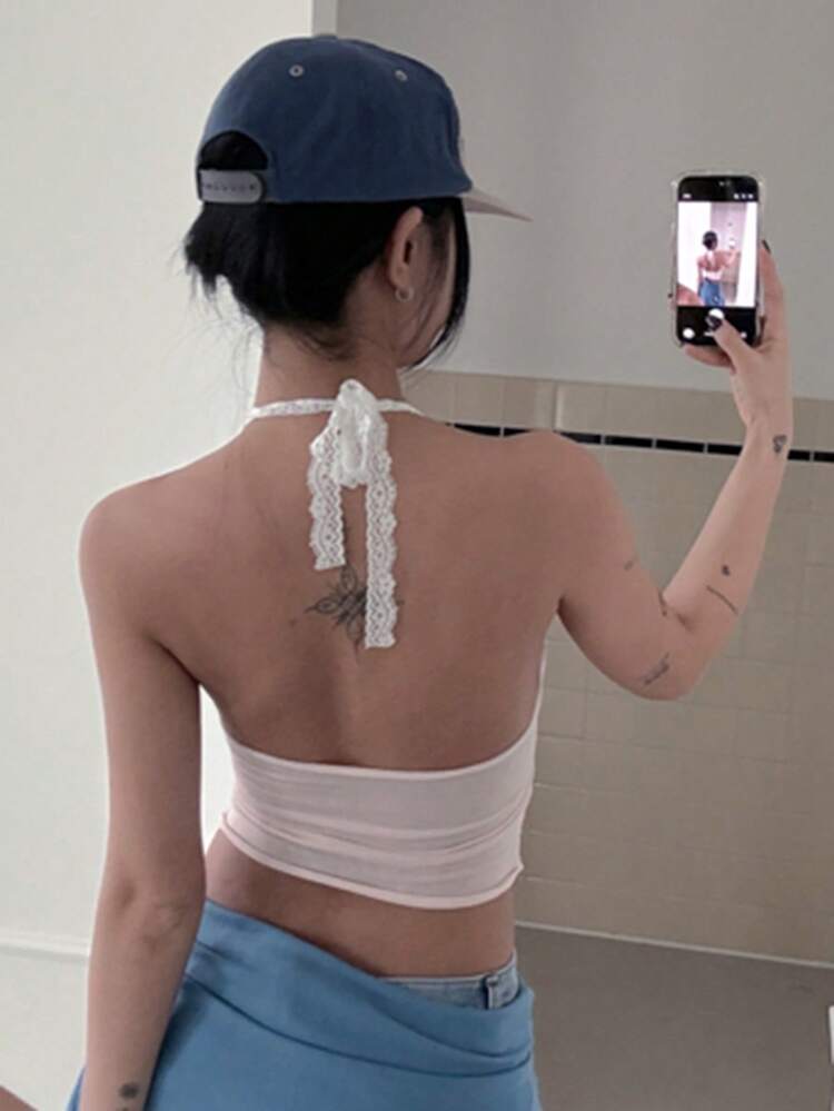 Women's Slogan Print Lace Patchwork Backless Halter Top Summer