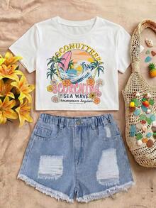 Teen Girl Vacation Casual Urban Light Wash Coconut Print Crop Top & Distressed Denim Shorts Set - White - View 1