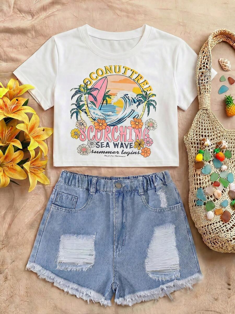 Teen Girl Vacation Casual Urban Light Wash Coconut Print Crop Top & Distressed Denim Shorts Set - White - View 1