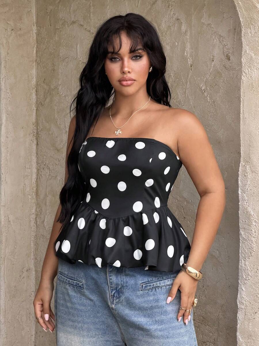 Rustia Top elegante y vintage con volantes en el bajo, con estampado de lunares negros, ajustado y sin tirantes, para fiestas y vacaciones, para mujeres de talla grande - Blanco y Negro - Ver 1