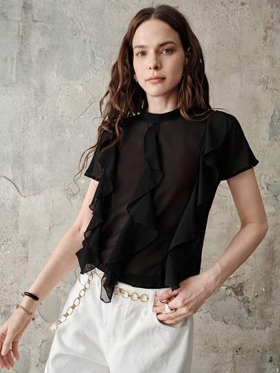 Aveloria Modichic Blouse Slim Fit Chiffon Chest Vertical Ruffle Semi Sheer Round Neck Short Sleeve Elegant Commute Black Workplace Office Summer Business Professional Women Ruffle Solid Blouses For Women Sheer Tops 25-35 Degrees