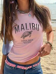 INAWLY Y2K 海龟标语印花女式婴儿T恤 MALIBU CATCH WAVE SURF MEMORIES SIESTA BEACH 图案T恤 女式上衣 - 粉色 - 查看 3
