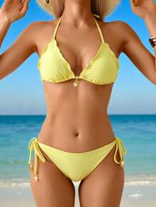 Swim Vcay Bộ bikini đen họa tiết mặt trời vàng lấp lánh dành cho nữ, trang phục đi biển. - Màu vàng ngỗng - Xem 3
