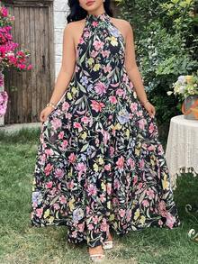 Modelyn 春夏優雅休閒花卉印花網紗拼接掛脖領分層無袖垂墜大尺碼女款長洋裝 - 彩色 - 查看 4