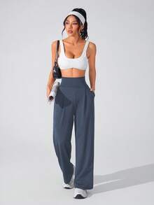 SHEIN Sports 纯色高腰口袋时尚运动裤，适合户外运动 - 彩色 - 查看 4