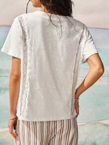 Áo kiểu nữ phong cách Bohemian mới, phối ren, cổ chữ V, kiểu dáng thường ngày. - Màu be - Xem 3