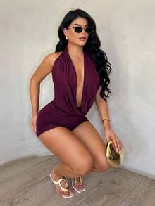 SHEIN SXY 女士纯色垂褶领露背性感休闲连体衣 - 中紫紅色 - 查看 6
