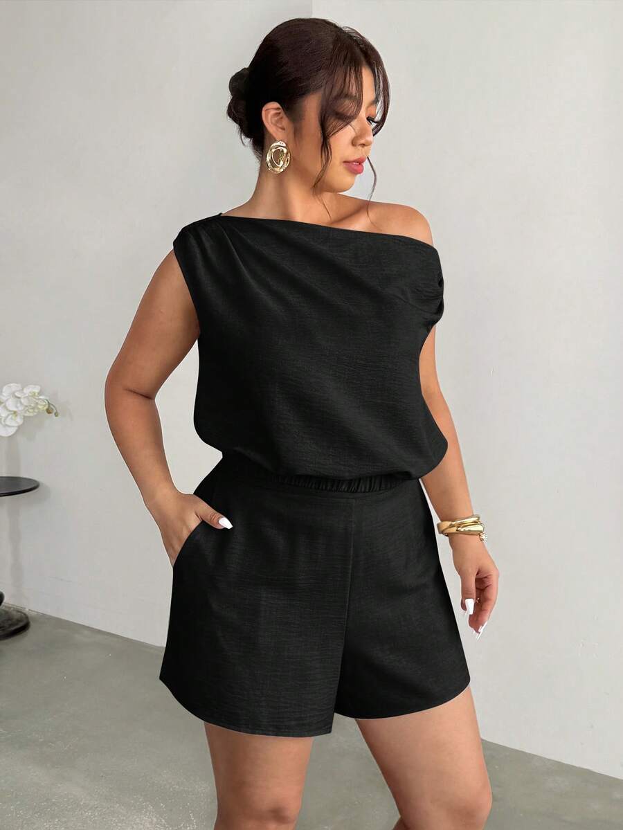 Firerie Plus Size Women Solid Color Asymmetrical Shoulder Top And Shorts Casual 2-Piece Set - Black - View 1