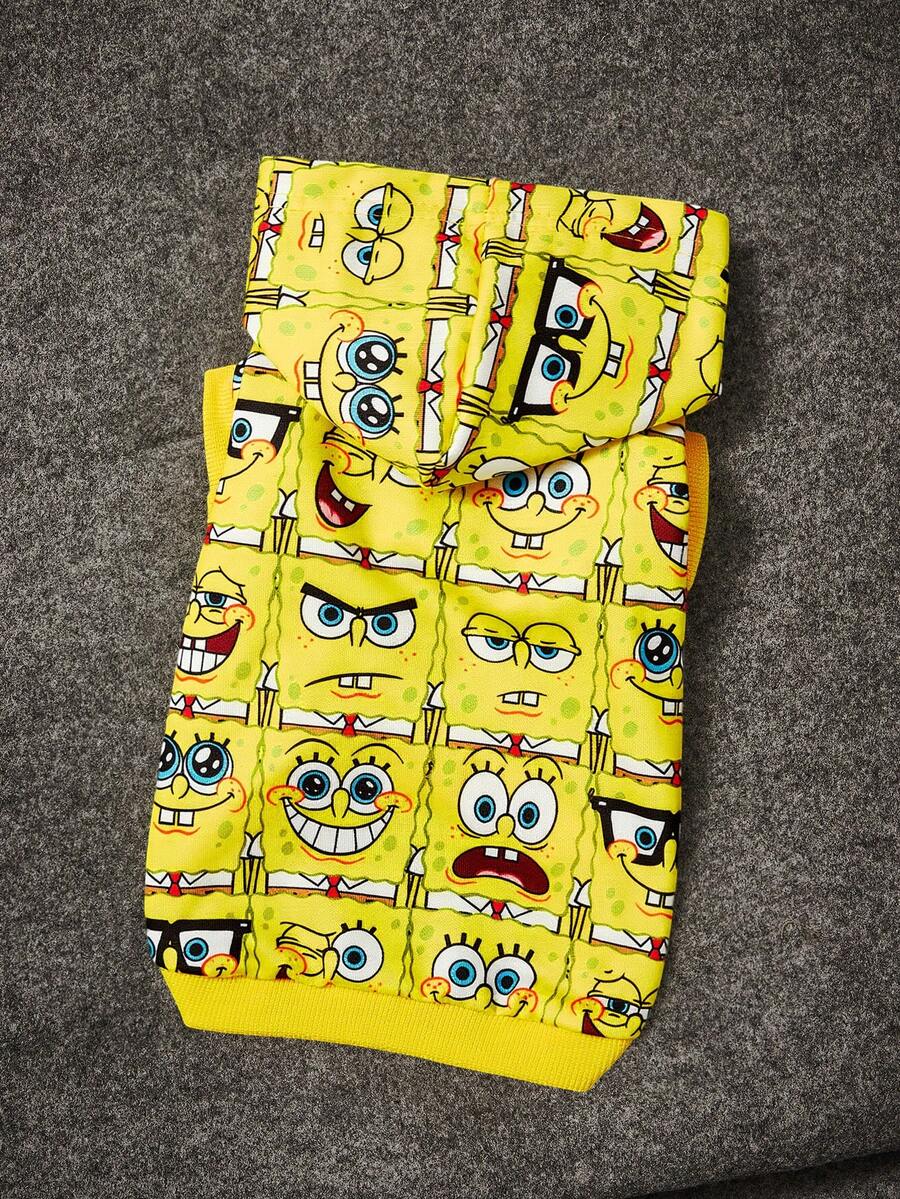 SpongeBob SquarePants | SHEIN 1 Buah Baju Hoodie Hewan Peliharaan Bermotif Kartun, Pakaian Kucing, Pakaian Anjing, Ukuran XXS-XXXXL, Ekstra Kecil, Ekstra Besar, Spons, Ekspresi - Kuning - View 1