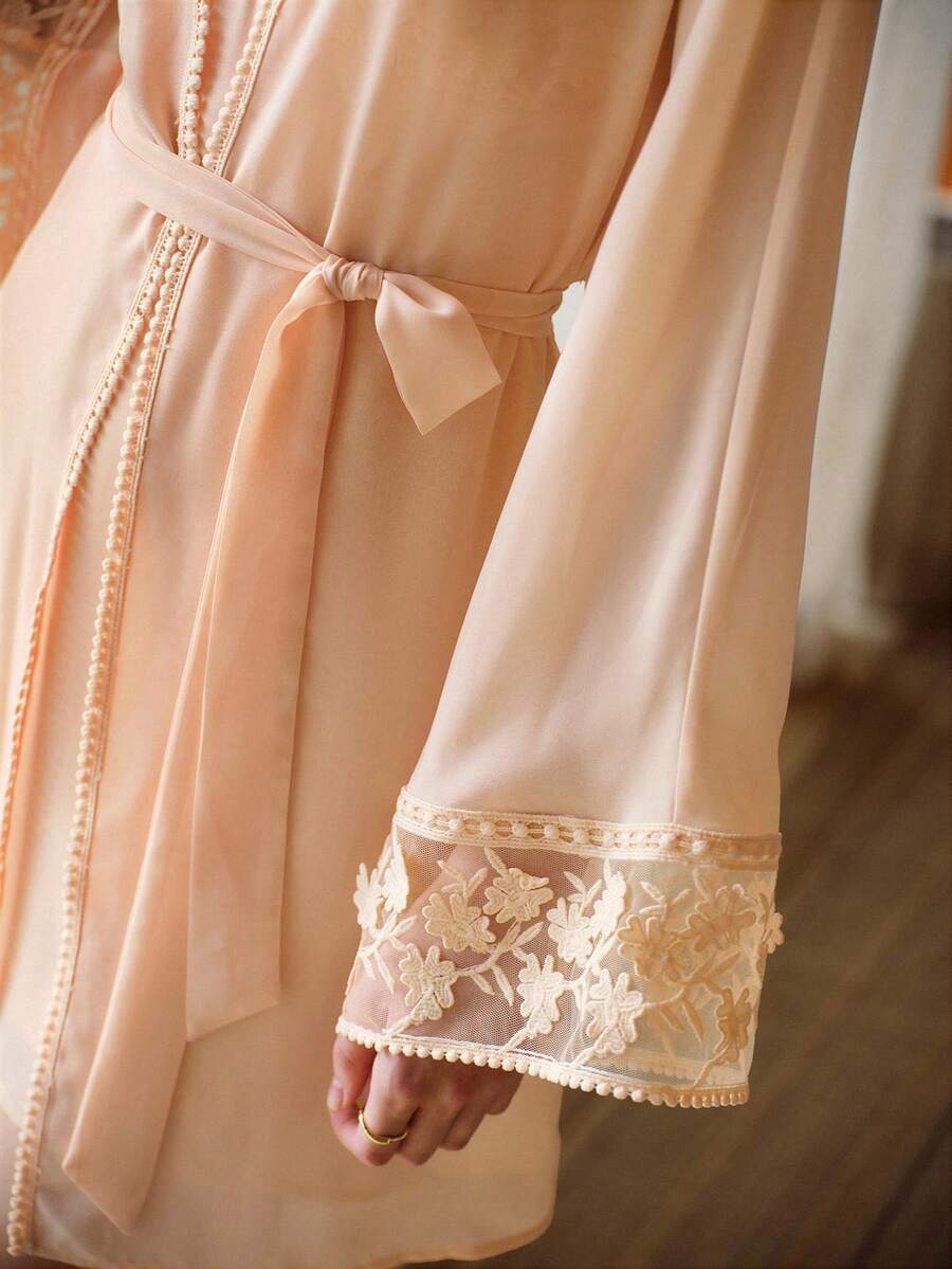 MOTF PREMIUM SOLID CONTRAST MESH LACE BELL SLEEVE BELTED SEMI-SHEER ROBE - Orange - View 2