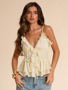 Gossip Girl X SHEIN SHEIN BAE 女士甜美百搭荷叶边双层下摆系带衬衫 - 彩色 - 查看 1
