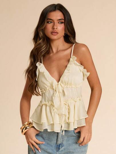 Gossip Girl X SHEIN SHEIN BAE 女士甜美百搭荷叶边双层下摆系带衬衫