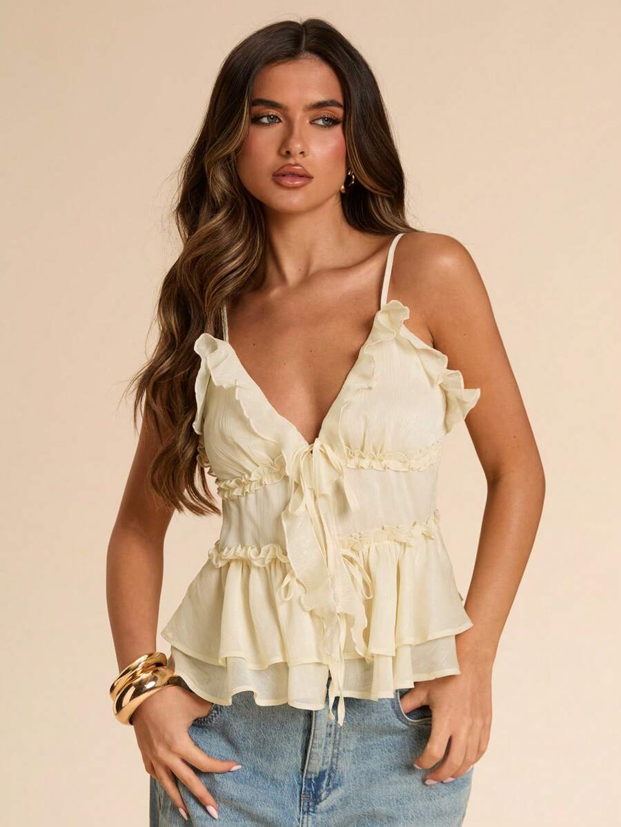 Gossip Girl X SHEIN SHEIN BAE 女士甜美百搭荷叶边双层下摆系带衬衫 - 彩色 - 查看 1