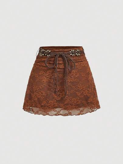 SHEIN MOD Women's Vacation Casual Lace Belt Skirt,Rave Outfits Festival,Y2k Clothes,Sexy Skirt,Western Wear Women,Summer Outfits For Women,Country Outfits,Valentine's Day,Cruise Outfits Women Sexy,Tea Party Outfits,Beach Outfits,Carnival Costume ,Spring/Summer Outfits , Brown Mini Skirt,Retro Nomadic Mini Skirt
