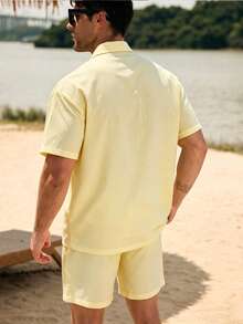 CoralVoy Men's Solid Color Shirt And Shorts Beach Set, Holiday - Yellow - View 2