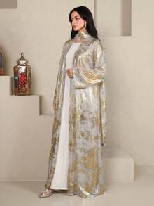 Al Najma 女士金属金色奢华阿拉伯长袍，适合正式场合 - 藍色 - 查看 5