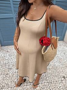 SHEIN 孕妇夏季休闲撞色滚边短裙 - 卡其色 - 查看 5