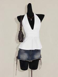 SHEIN ICON Halloween Women's Halter Backless Black Babydoll Tank Top,Summer Top - White - View 11