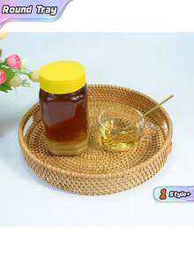 1 chiếc khay tròn đan thủ công bằng mây, kiểu Nhật Bản, dùng đựng trái cây, đồ ăn nhẹ, bánh mì, bánh ngọt, thực phẩm, đồ dùng gia đình, khay phục vụ. - màu nâu - Xem 1