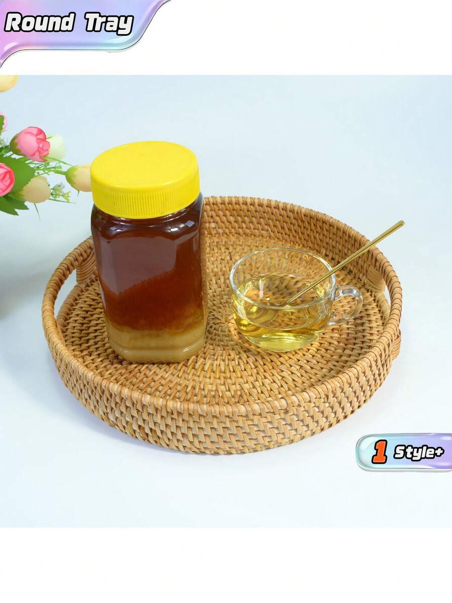1 chiếc khay tròn đan thủ công bằng mây, kiểu Nhật Bản, dùng đựng trái cây, đồ ăn nhẹ, bánh mì, bánh ngọt, thực phẩm, đồ dùng gia đình, khay phục vụ. - màu nâu - Xem 1