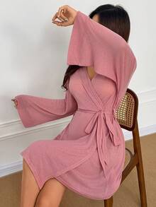 罗纹柔软针织休闲宽松家居服睡袍 - 粉色 - 查看 6