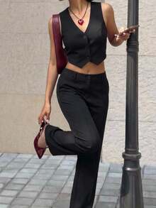 SHEIN EZwear Black Business Suit Vest & Pants Set For Women - Black - View 9