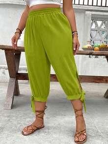 Breezaya Plus Size High Waist Drawstring 7/8 Pants, Spring/Summer - Limelight Green - View 4