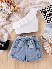 SHEIN Elladie kids 2 件套少女活泼可爱不对称上衣 + 牛仔短裤休闲儿童套装 - 白色 - 查看 5